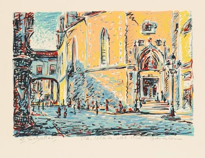 C. SCHELLER (20.Jhd), Santa Maria del Mar, Siebdruck Expressionismus Architektur - Bild 1 von 4