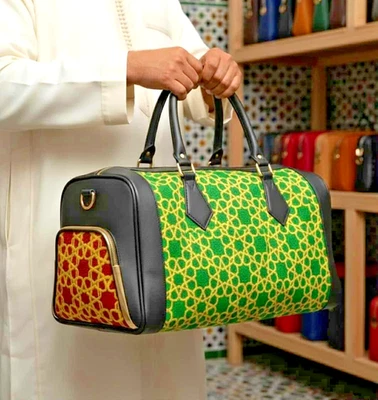 Moroccan Leather Weekender Travel Bag – Handmade Zellige Design – Carry On Duffe - Image 1 of 4