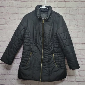 Achtung Damen schwarzer gefütterter Mantel Größe 1X Jacke goldene Hardware seitliche Raffungen - Bild 1 von 7