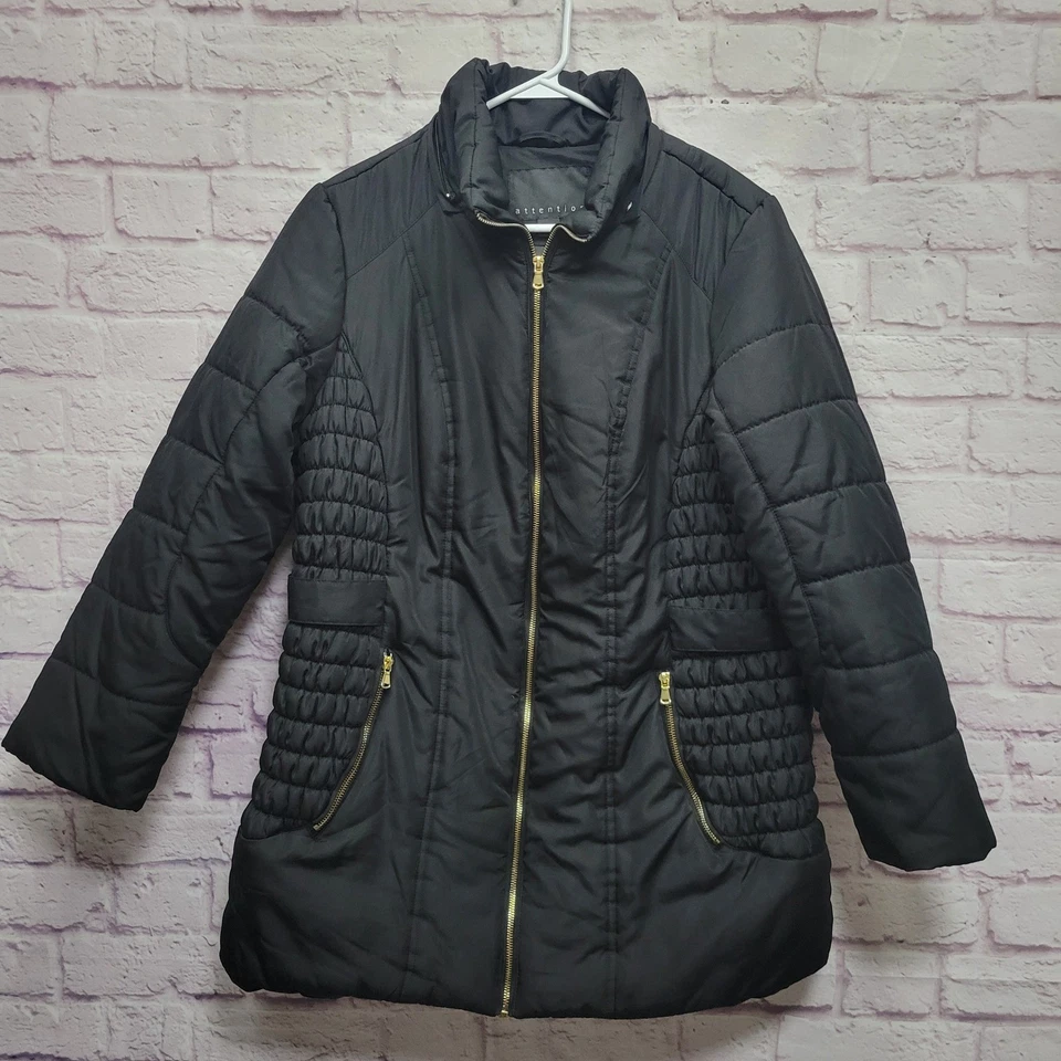 Abrigo acolchado negro Attention para damas talla 1X chaqueta herrajes dorados juntas laterales Foto 1 de 4