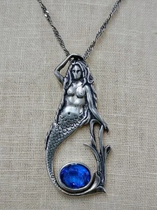 Vintage Sterling Silber 925 Meerjungfrau Anhänger Halskette mit blauem Edelstein 20" - Bild 1 von 9