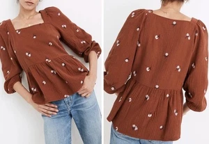 Madewell Amie Shirt Womens Size XS Brown Floral Embroidered Puff-Sleeve Casual - Bild 1 von 12