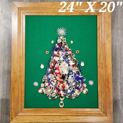 Christmas Tree Jewelry Art Framed Lighted Holiday Wall Decor Wood OOAK Handmade - Image 1 of 4