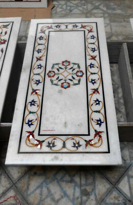 30"x18" white marble table top dining coffee center inlay malachite decor room - Image 1 of 4