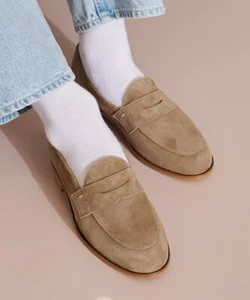 Firenze Atelier Men's Handmade Ash Beige Suede Penny Loafers Slip-on Loafers - Picture 1 of 24