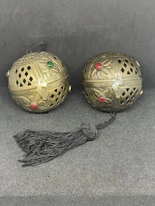 Antique Moroccan Pierced Brass Round Hanging Lantern Pendant Lamps - Picture 1 of 9