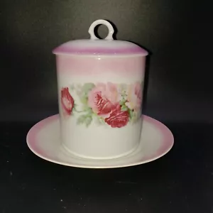Vtg Porcelain OG Otto Grunert Cylinder Covered With Plate Germany Pink Roses - Picture 1 of 6
