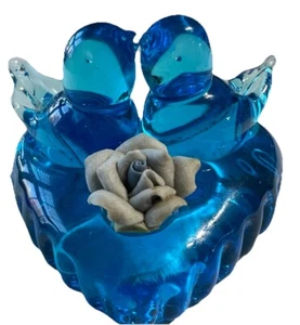 Ozark Studios Vntg Glass Love Bluebirds of Happiness On Heart Paperweight Signed - Picture 1 of 8