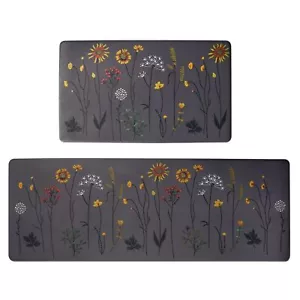 Kitchen Rugs and Mats Set of 2 Colorful Flowers Non Slip Cushioned Anti-Fati... - Picture 1 of 8