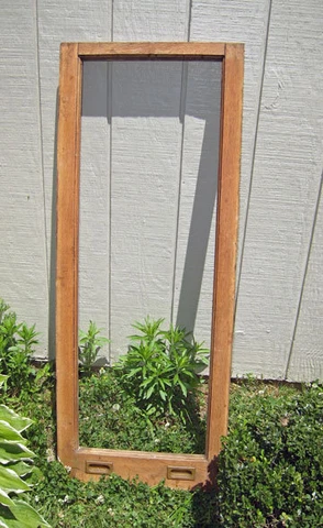antique OAK TALL FACTORY WINDOW FRAME W/ brass recessed  finger pulls Cover