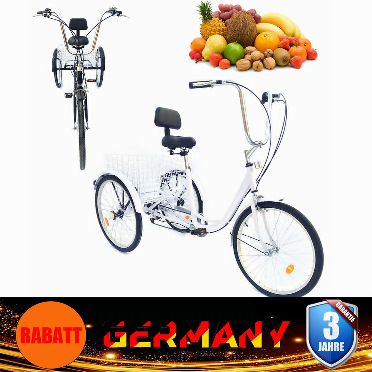 MINRS 24 Zoll Dreirad Für Erwachsene - 6-Gang Schaltung Mit Licht & Korb