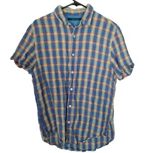 Perry Ellis Mens M Blue/Yellow Plaid Short Sleeves Button Up Linen Shirt Casual - Picture 1 of 6