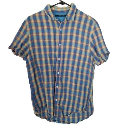 Perry Ellis Mens M Blue/Yellow Plaid Short Sleeves Button Up Linen Shirt Casual - Image 1 of 4