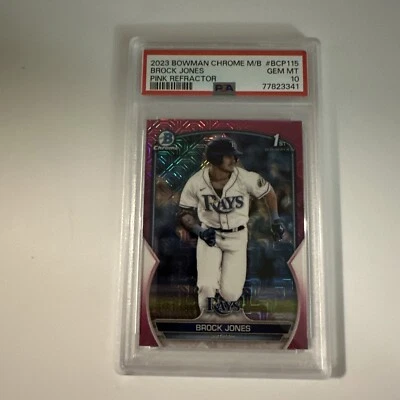 2023 Bowman Chrome Mega Box BCP115 Pink Mojo Refractor /199 Brock Jones PSA 10 - Image 1 of 4