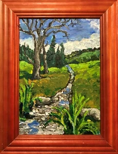 Original acrylic painting , small framed landscape , country scenery with brook - Picture 1 of 10