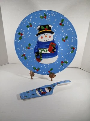 Lindsey Jordan Christmas Cake Plate And Knife 12 In Blue And White Snowman  - Image 1 of 4