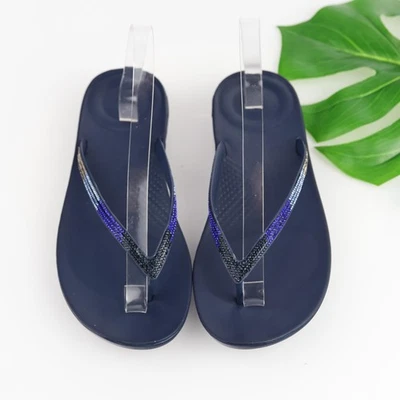 FitFlop Womens Iqushion Sandals Size 9 Navy Thong Flip Flops Crystal Rhinestones - Image 1 of 4