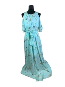 Calvin Klein Size 10 Blue Floral Chiffon Cold Shoulder Flutter Sleeve Maxi Dress - Picture 1 of 20