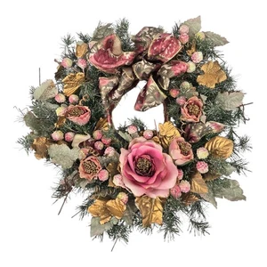 Corona de vacaciones floral vintage hecha a mano estilo victoriano con hojas de oro 16" - Imagen 1 de 12