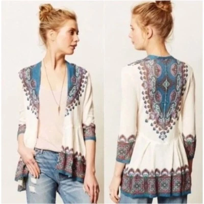 Anthropologie Cárdigan Cleophee Tejido y Anudado Talla S Boho Paisley Peplum Foto 1 de 4
