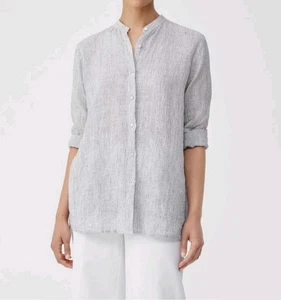 Eileen Fisher Crinkled Organic Linen Stripe Mandarin Collar Long ShirtSz M - Picture 1 of 16