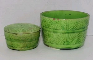 Vintage Green Ceramic? Pottery? Flower Pot Planter & Trinket Dish Geometric - Picture 1 of 16