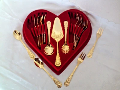 Esmeyer Besteck Goldfarbig Kaffee Kuchen Set Kaffeebesteck Blume Rose Griff - Bild 1 von 4