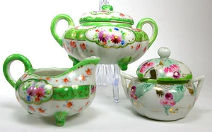 Juego de 3 patas de porcelana china tazón de azúcar mermelada jalea floral pintado a mano - Imagen 1 de 12