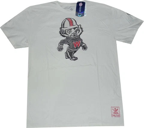 Wisconsin Badgers Adidas Vintage Mascot White Premium Slim Fit T Shirt Clearance Cover