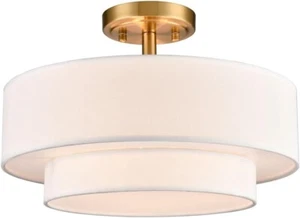 Gold 3-Light Semi Flush Ceiling Light, Modern Fabric Ceiling Lighting Fixture - Picture 1 of 8