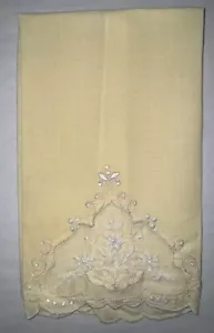Toalla de té de algodón vintage bordada corte trabajo 16x11 en amarillo hecho a mano europea - Imagen 1 de 10