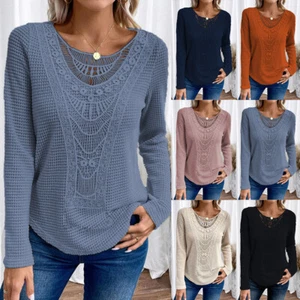 Women's V-Neck Knit Long Sleeve Tunic Tops Ladies Casual T-Shirt Blouse Pullover - Picture 1 of 26