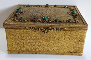 VINTAGE CZECH ORNATE BRASS JEWELED GREEN RHINESTONE VELVET LINED TRINKET BOX - Picture 1 of 9