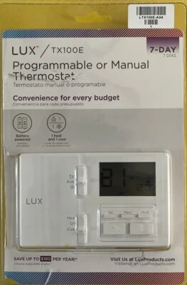 Lux Programmable Or Manual Thermostat TX100E, LCD Screen 7-DAY New Batteries -13 - Image 1 of 4