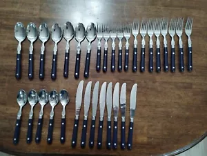 WF Mardi Gras Stainless Flatware Set Navy Blue Plastic Handle Korea 33 pc - Picture 1 of 7