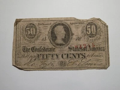 $.50 1863 Richmond Virginia VA Confederate Currency Bank Note Bill RARE T63 - Image 1 of 2