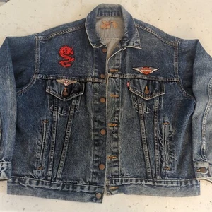 Vintage 90s USA Levi's Denim Jacket Harley Davidson Blue Denim With Patches XL - Picture 1 of 23