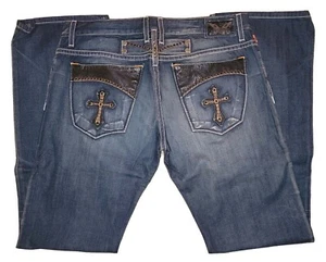 New Men's Robins Jeans D5293 Gothic Leather Cross Studs Stones Wings Rivet Jeans - Picture 1 of 2
