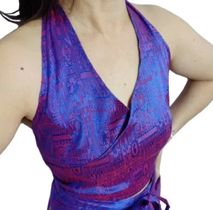 Women's Halter Neck Tank Top Purple Jacquard Thai Silk Blend Sleeveless Backless - Picture 1 of 11