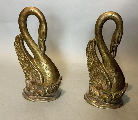 Pair of Antique Victorian Figural Swan Cast Metal Chenets Andirons Cover