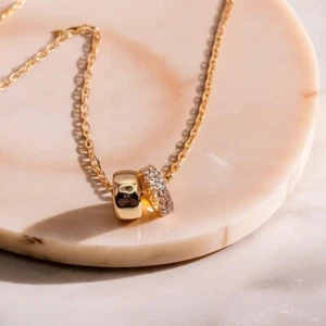 Dainty Gold Pave Crystal Ring & Polished Ring Pendant Cable Chain Necklace Women - Picture 1 of 4