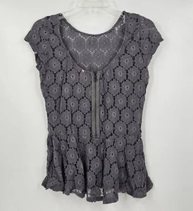 Lidschatten Damen grau gemustert Spitze Reißverschluss vorne Schößchen Flügelärmel Bluse M - Bild 1 von 3