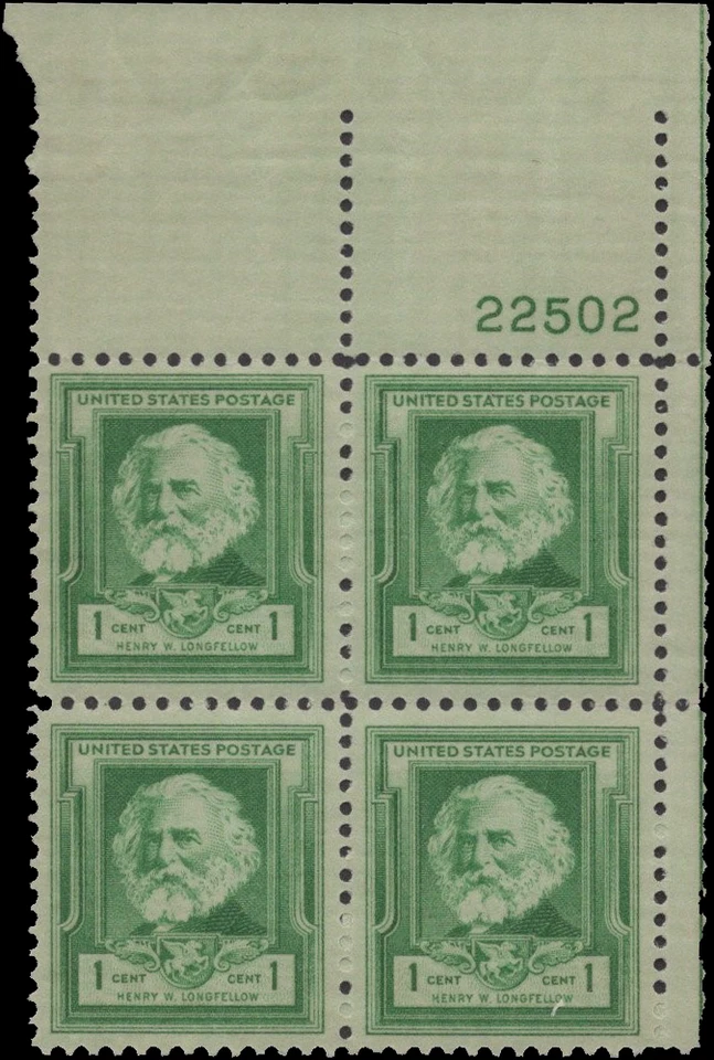 Scott # 864 - US Plate Block Of 4 - Longfellow - 1c Blu Grn - **MNH** -1940 - Image 1 of 1