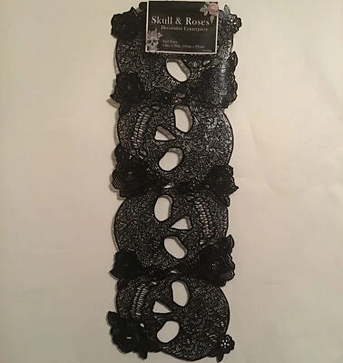 Benson Mills Black Vinyl Skull & Roses Decorative Centerpiece 13in X 36in New - Image 1 of 4