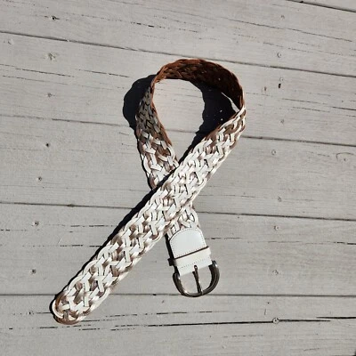 White Rose Gold Braided Extra Wide Y2K Woven Leather Waist Belt & Buckle M - Image 1 of 4