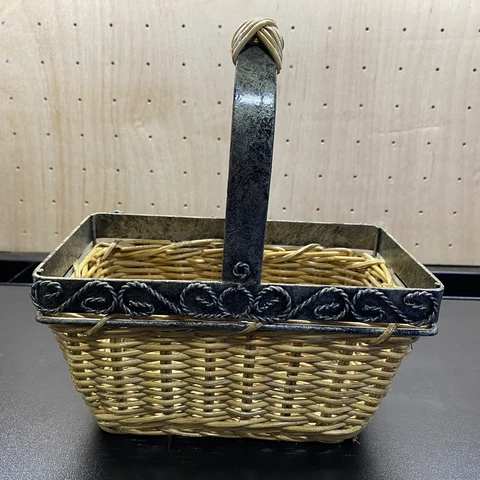 Woven Wood Metal Engraved Rope Weave Pattern Top Handle Basket Cottagecore Cover