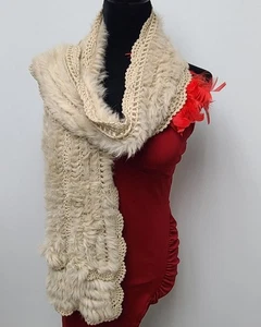 68" Elegant and Beautiful  Beige Real Rabbit Fur Knitted  Scarf - Picture 1 of 7