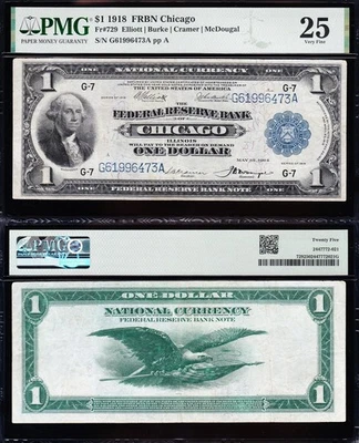 VERY NICE Bold & Crisp VF+ 1918 $1 Chicago FRBN Note! PMG 25! FREE SHIP! 96473A - Image 1 of 3