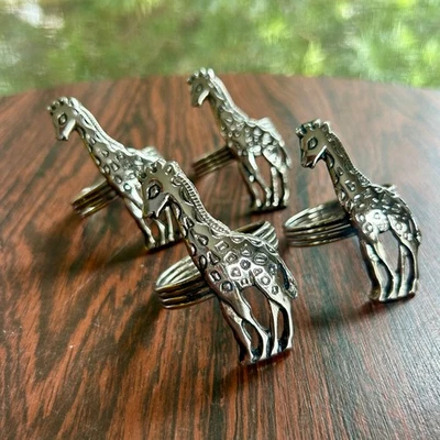 Vintage Giraffe Napkin Rings Set of 4 – Silver Tone Safari Animal Table Decor - Image 1 of 4