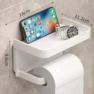 Bathroom Toilet Paper Roll Holder Wall-Mounted With Mobile Phone Storage Shelf - Picture 1 of 10